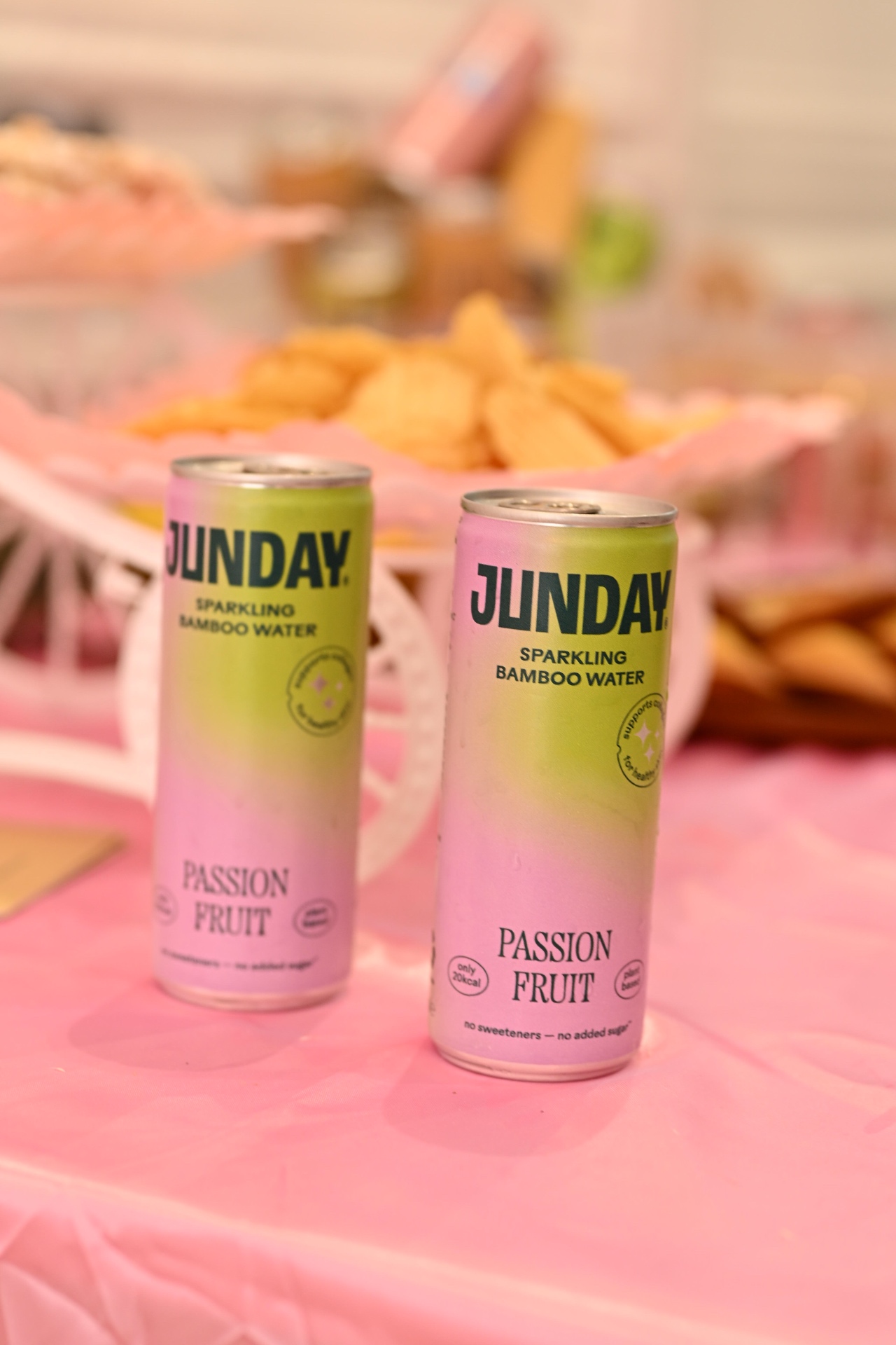 Chilled Junday Bamboo sparkling drinks on the pink refreshments table
