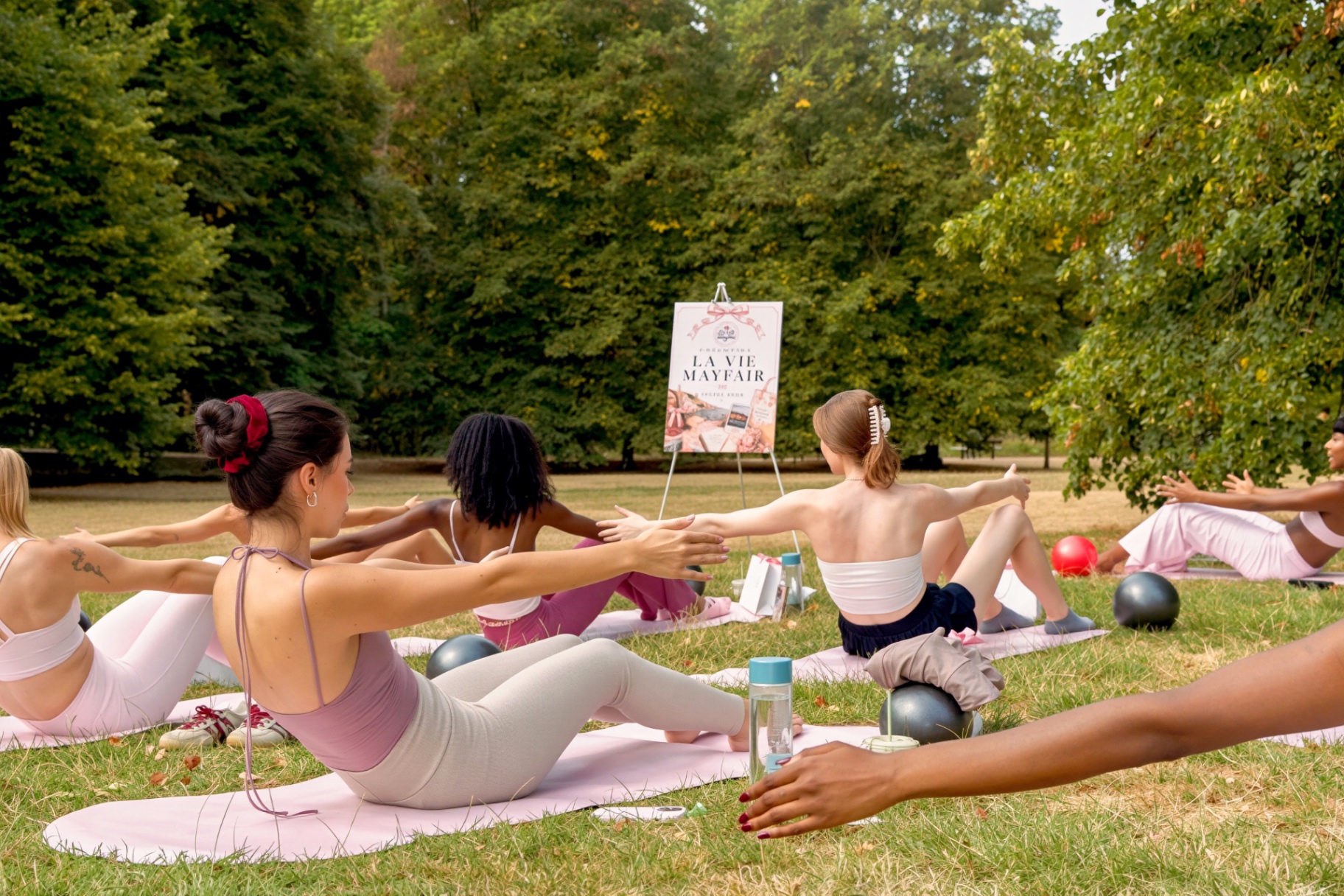 Members flowing through a Pilates class together on pink mats in Hyde Park