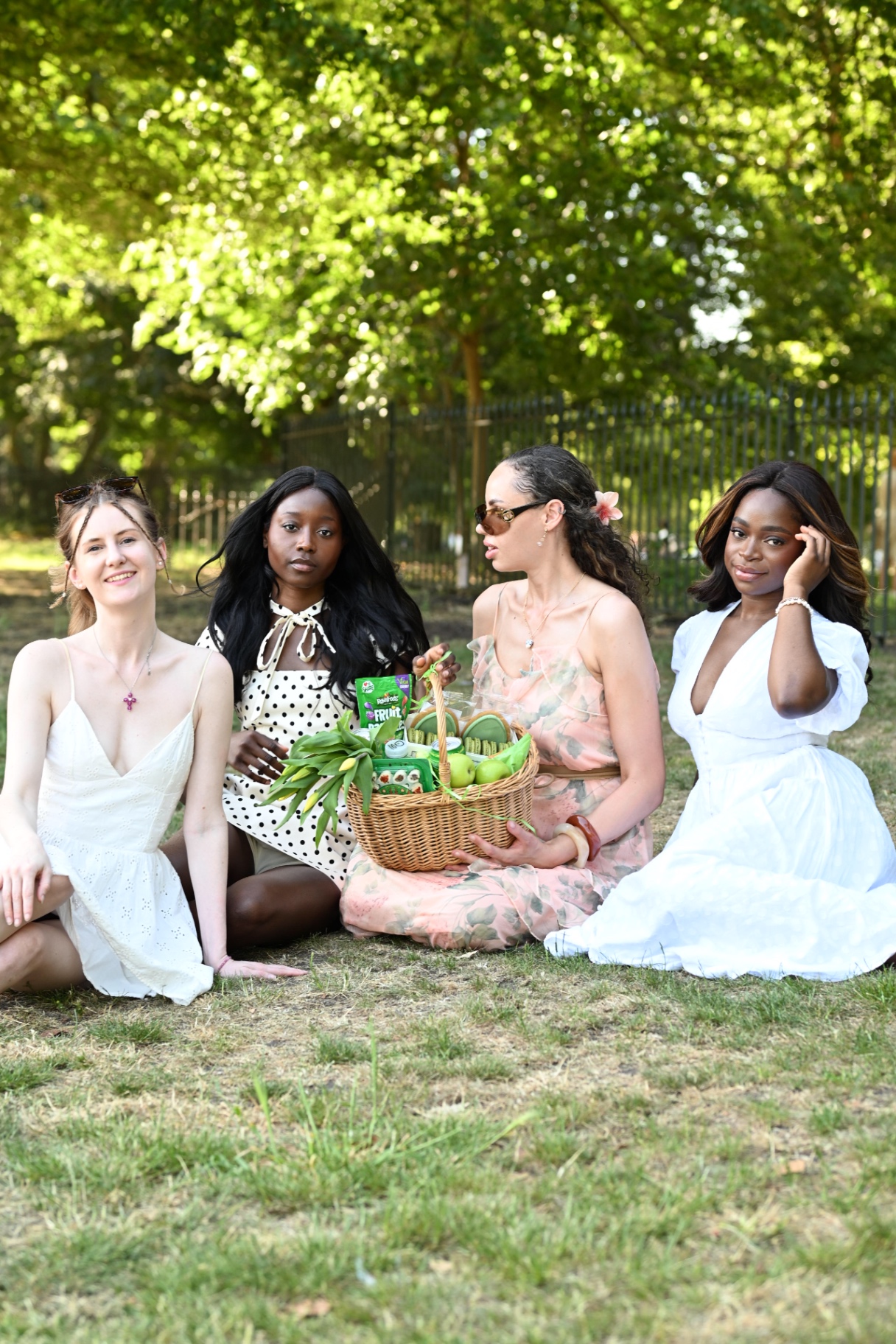 Four members sitting together with a green-themed picnic hamper